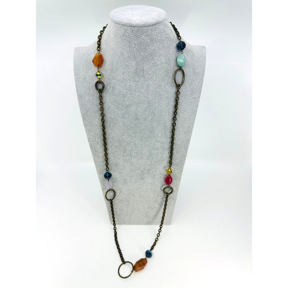 Liz Palacios Necklace Colorful Stone Crystal Stations Chain Link Bronze Tone 42" - Picture 1 of 11
